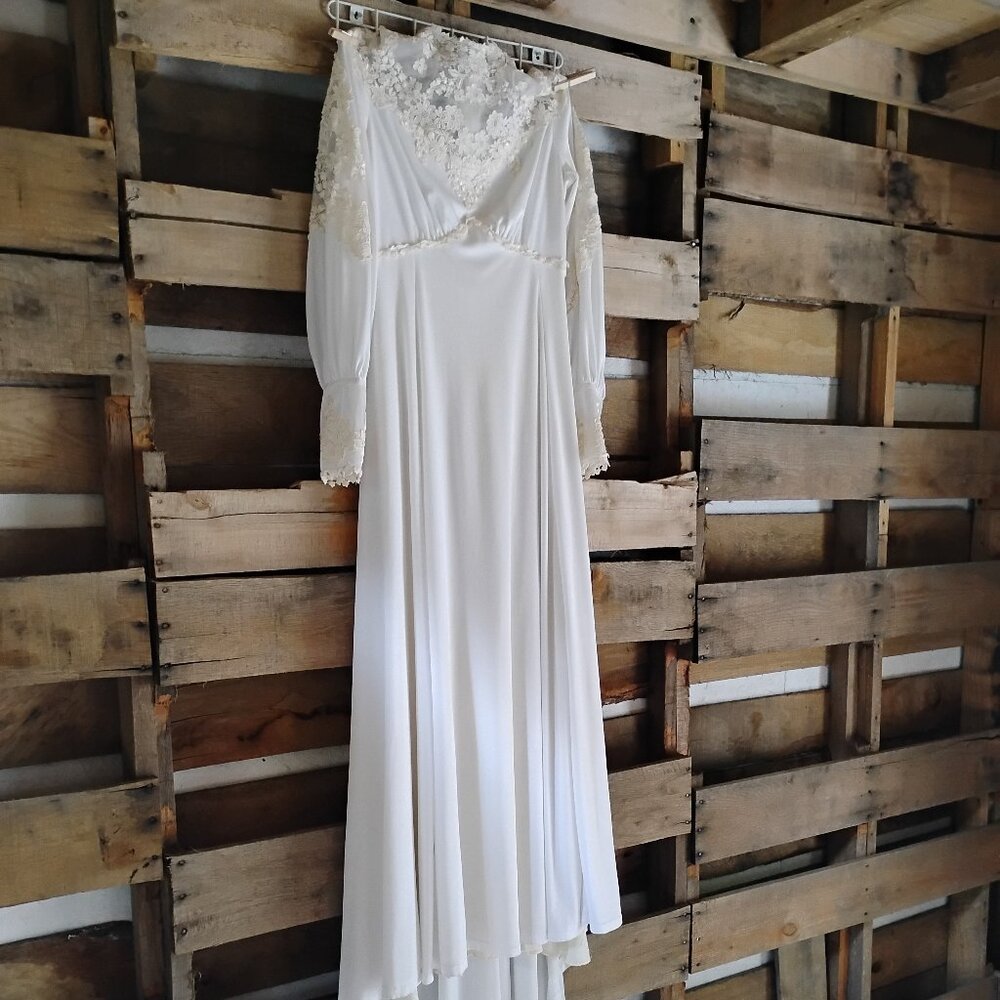 Vintage Ivory Prairie Bohemian Puff Sleeve Lace Bridal Gown Wedding Dress S 12